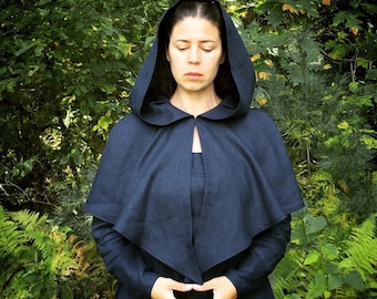 Ladies linen medieval Viking hooded mantle hood short cape capelet skjoldehamn inspired  -ready to ship-