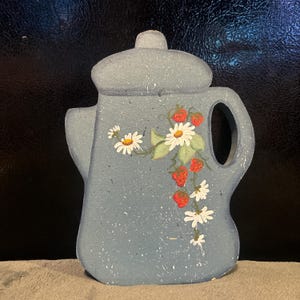 Vintage teapot wall decor hand painted daisies and strawberry design retro kitchen cottage core