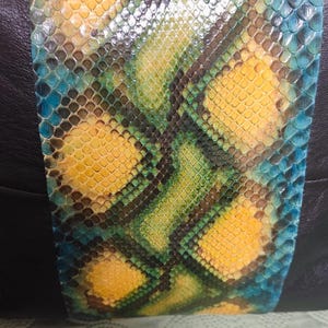 Op de afbeelding: Een decoratief kussen met een zwarte leren achterkant en een voorpaneel van gele, groene en blauwe slangenleer.