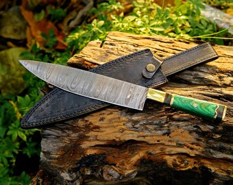 Cuchillo de chef de acero de Damasco hecho a mano: refuerzo de latón, mango de madera