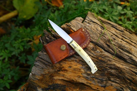 Handmade Steel Folding Pocketknife: Camel Bone Handle, Brass Bolster