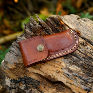Puede incluir: Una funda de cuero marr&oacute;n para cuchillo con cierre de bot&oacute;n decorativo y costuras blancas. La funda descansa sobre un trozo de madera desgastada, con un fondo borroso de follaje verde.