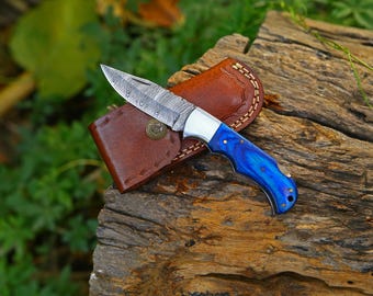 Handmade Damascus Steel Pocket Knife: Wood Handle, Steel Bolster, 5.5"