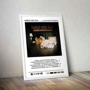May include: A black and white album cover for the album "A Flair for the Dramatic" by Pierce the Veil. The album cover features a woman in a white dress lying on a bed in a dimly lit room. The album title is written in red and white text on a wooden sign above the woman. The album tracklist is listed below the image.