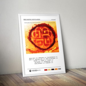 May include: A framed poster featuring the album art for "Saturate" by Breaking Benjamin. The artwork is a circular design in shades of orange and red. The poster includes the band's name, album title, and a tracklist.