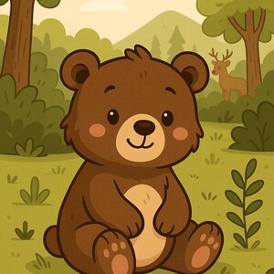 Set di Stampe Digitali Animali del Bosco – Orsetto, Coniglietto e Cerbiatto in Stile Cartone per Cameretta