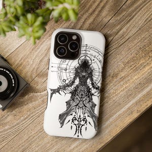 Cybersigilism Dark Fantasy iPhone 16 Case, Gothic MagSafe Tough Cover, Cloaked Figure Tech Gift