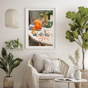 Lot de 4 imprimés cocktails Aperol Spritz - Décoration de chariot de bar de plage rétro, dés et cartes, art mural soirée de jeu, ambiance estivale, téléchargement numérique instantané