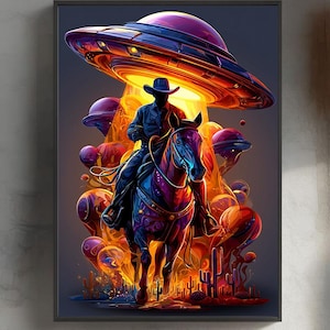 Alien Cowboy Art Print: Western UFO Poster, Sci-Fi Home Decor
