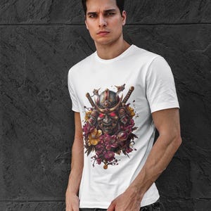 Samurai Skull Floral T-Shirt, Gothic Warrior Helmet Tee, Dark Japanese Streetwear Shirt, Unisex Anime Graphic Gift, Edgy Art Shirt