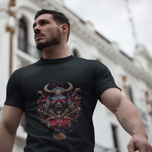 Samurai Oni Skull T-Shirt, Demon Mask Katana Tee, Gothic Japanese Streetwear, Tattoo Art Shirt, Red Eye Warrior Unisex Halloween Tee