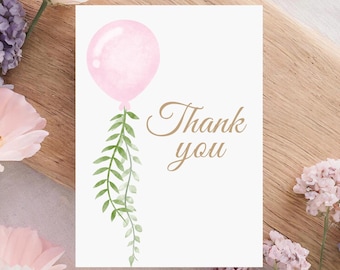 Minimal Pink Balloon Thank You Card Baby Shower Printable Girl Party Favor 9969
