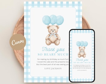 Blue Teddy Bear Thank You Card,Baby Boy Birthday Favor,Editable Gingham Balloon Card