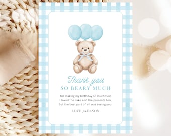 Blue Teddy Bear Thank You Card,Baby Boy Birthday Favor,Editable Gingham Balloon Card