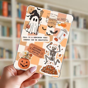 May include: A clear tablet case with a fall-themed design. The design includes a ghost, bats, pumpkins, and the text "Autumn Acres Farm Pumpkin Patch." Additional text reads "Fall is a reminder that change can be beautiful."