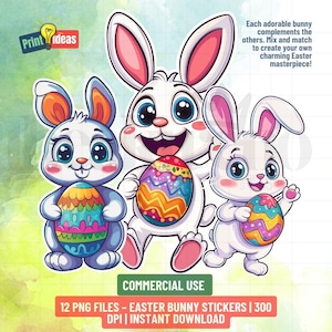 Clipart di simpatici coniglietti pasquali in formato PNG – Coniglio dei cartoni animati per sublimazione, adesivi, artigianato e magliette, creazione di biglietti – Download digitale istantaneo