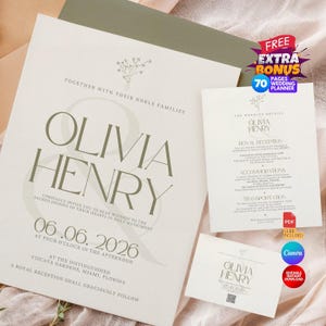 May include: A wedding invitation suite with a minimalist design featuring the names Olivia and Henry in a modern font. The invitation is printed on a cream-coloured card stock with a green floral illustration. The text includes the date, time, and location of the wedding ceremony and reception. The invitation also includes details about the royal reception, accommodation, and transportation.
