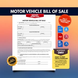 Plantilla de formulario de factura de venta de vehículos motorizados, PDF imprimible de factura de venta de vehículos aceptados por el DMV, documento de Google editable, documento de Word, tamaños Carta (EE. UU.) y A4.