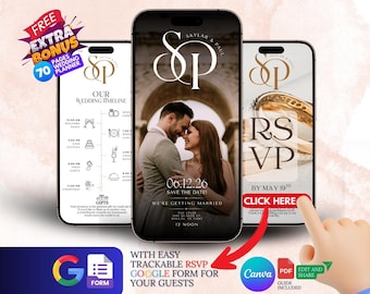 May include: A digital wedding invitation with a photo of a couple, a wedding timeline, and a RSVP button. The invitation is displayed on a smartphone screen. The text on the invitation reads "Our Wedding Timeline", "06.12.26 Save the Date", "We're Getting Married", "The Lever Dallas, TX", "12 Noon", "RSVP by May 19th", and "Click Here".