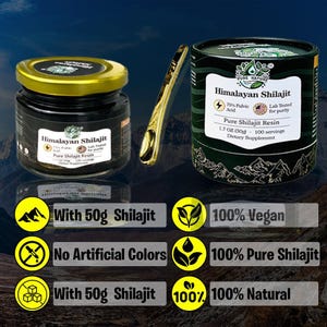 Puede incluir: Imagen de Himalayan Shilajit, un suplemento diet&eacute;tico. Muestra un frasco y un envase de la resina, junto con una cuchara dorada. El texto del envase indica que est&aacute; probado en laboratorio, es vegano y natural. Contiene 50g de Shilajit.