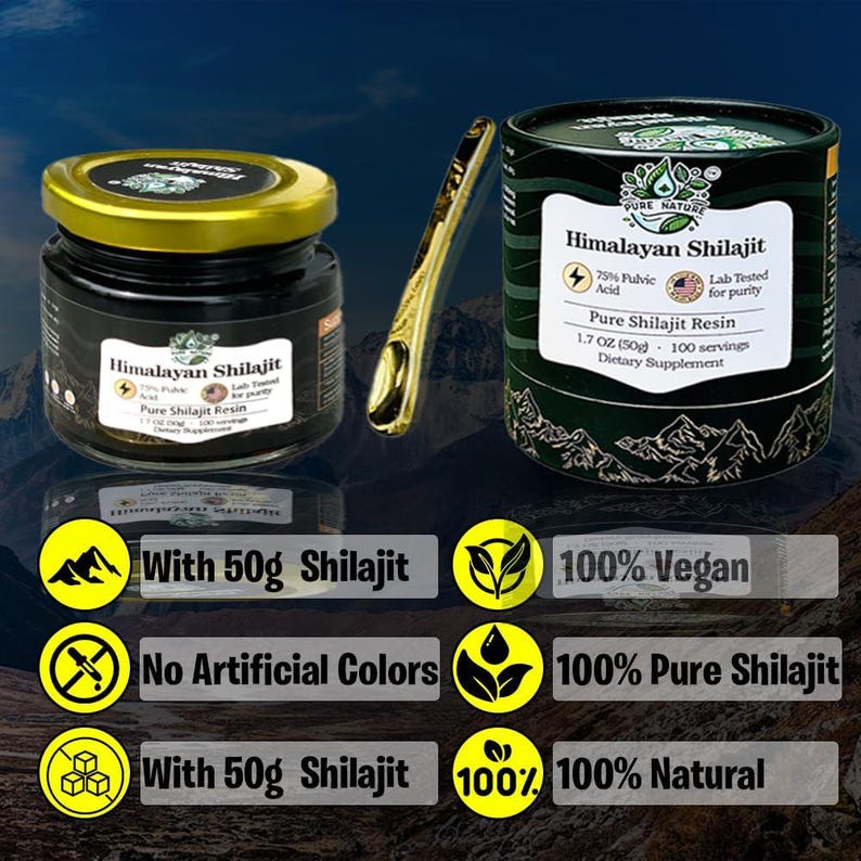 Puede incluir: Imagen de Himalayan Shilajit, un suplemento diet&eacute;tico. Muestra un frasco y un envase de la resina, junto con una cuchara dorada. El texto del envase indica que est&aacute; probado en laboratorio, es vegano y natural. Contiene 50g de Shilajit.