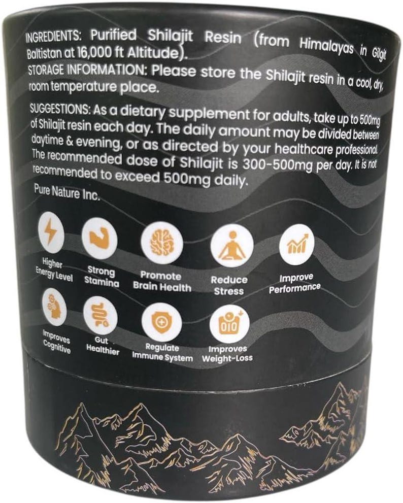 Puede incluir: Un envase cil&iacute;ndrico negro con ilustraciones doradas de monta&ntilde;as y texto blanco. El texto incluye informaci&oacute;n sobre la resina de Shilajit, sus ingredientes y usos sugeridos. Iconos indican beneficios como el nivel de energ&iacute;a y la salud cerebral.