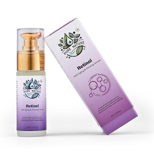 May include: A glass bottle of Pure Nature Retinol Anti Aging & Firming Serum with a gold lid and a white label. The bottle is sitting on a white surface next to a purple and white box with the same product information.
