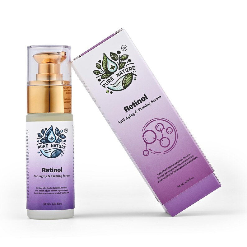 May include: A glass bottle of Pure Nature Retinol Anti Aging & Firming Serum with a gold lid and a white label. The bottle is sitting on a white surface next to a purple and white box with the same product information.
