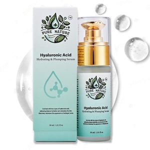 May include: A white bottle with a gold lid and a green and white label that says "Hyaluronic Acid Hydrating & Plumping Serum" and "Pure Nature". The bottle is 30 ml or 1.01 fl oz.