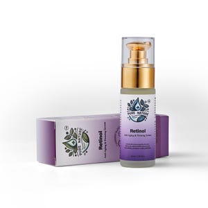 May include: A clear glass bottle with a gold lid and label. The label says "Pure Nature" and "Retinol Anti Aging & Firming Serum". The bottle is 30 ml (1.01 fl oz).