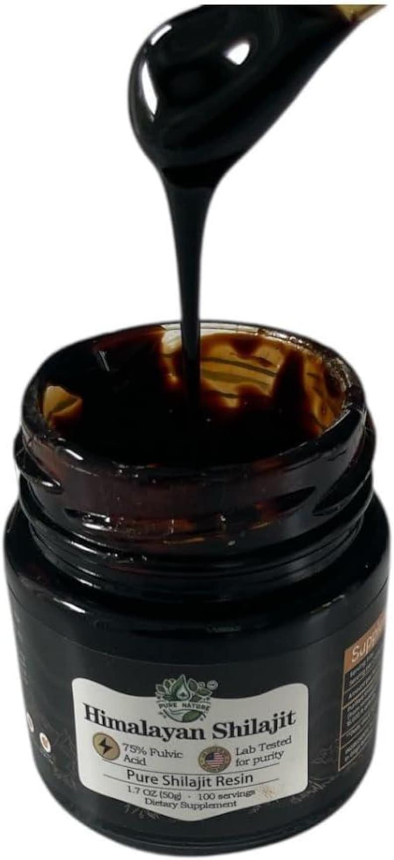Puede incluir: Un frasco de resina de Shilajit del Himalaya con una consistencia oscura y viscosa. La etiqueta indica que contiene 75% de &aacute;cido f&uacute;lvico y est&aacute; probado en laboratorio para su pureza. Es un suplemento diet&eacute;tico, 50g y 100 porciones.