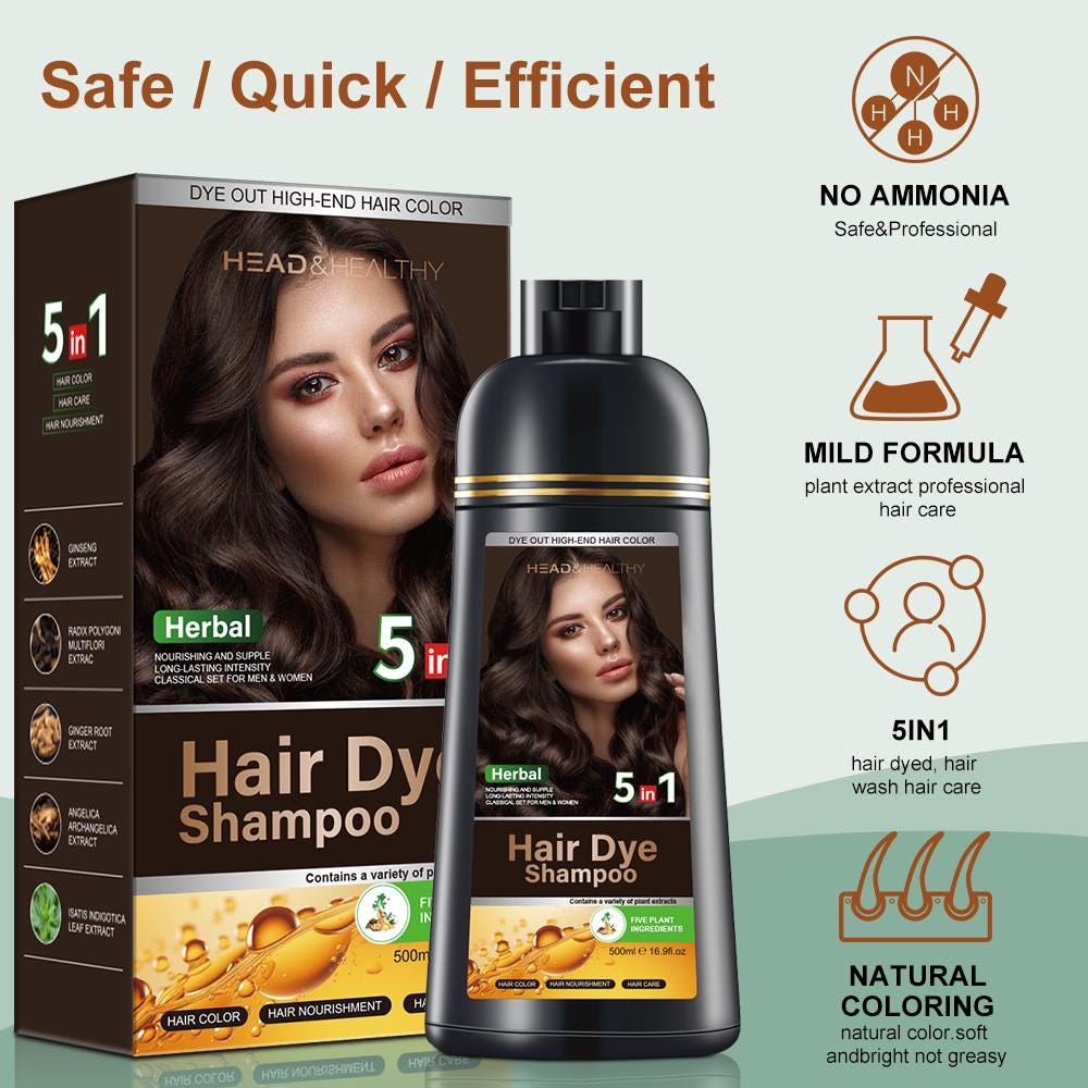 Hair Dye Shampoo for Men & Women - Natural Herbal Ingredients for Grey Coverage, 4 Shades: Black, Dark Brown, Coffee, Golden Brown - 500ml