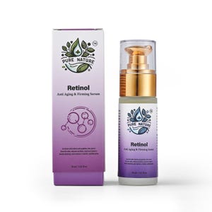 May include: A purple and white box with a green leaf logo and the text "PURE NATURE" and "Retinol Anti Aging & Firming Serum". A clear glass bottle with a gold cap and the same logo and text is next to the box. Both the box and bottle have a 30 ml / 1.01 fl oz label.