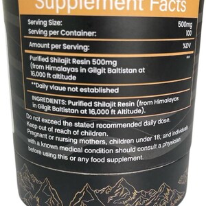 Puede incluir: Un recipiente cil&iacute;ndrico negro con texto dorado y un dise&ntilde;o de cordillera. La etiqueta dice "Supplement Facts" y enumera ingredientes, incluyendo resina de shilajit purificada 500mg.