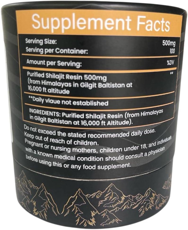 Puede incluir: Un recipiente cil&iacute;ndrico negro con texto dorado y un dise&ntilde;o de cordillera. La etiqueta dice "Supplement Facts" y enumera ingredientes, incluyendo resina de shilajit purificada 500mg.