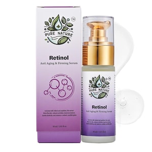 May include: A purple and white box with a green leaf logo and the text "PURE NATURE" and "Retinol Anti Aging & Firming Serum". A clear glass bottle with a gold cap and the same logo and text is next to the box. The bottle contains a clear liquid.