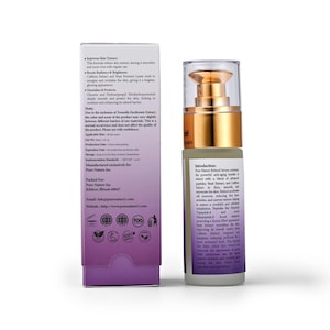 May include: A purple and white box with product information for a Pure Nature Retinol Serum. The serum is in a clear glass bottle with a gold lid. The bottle is labeled with the product name and ingredients. The box has a label with the company's logo and website.
