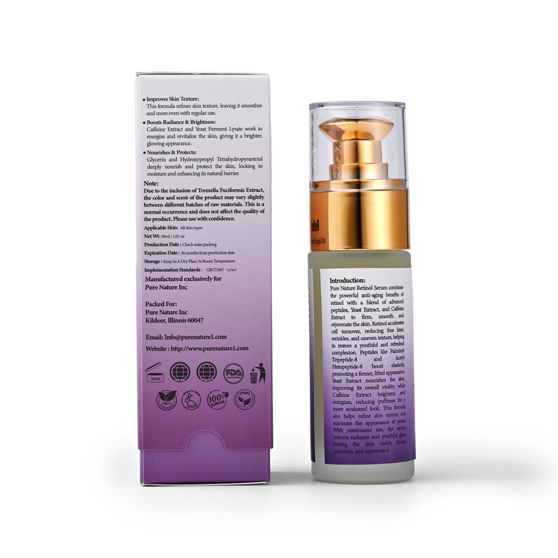 May include: A purple and white box with product information for a Pure Nature Retinol Serum. The serum is in a clear glass bottle with a gold lid. The bottle is labeled with the product name and ingredients. The box has a label with the company's logo and website.