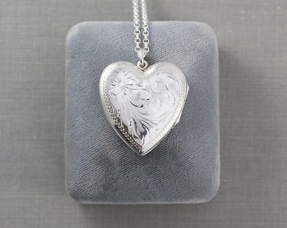 Large Sterling Silver Heart Locket Necklace, Vintage Birks Swirling Vine Engraved Picture Pendant - Inside My Heart