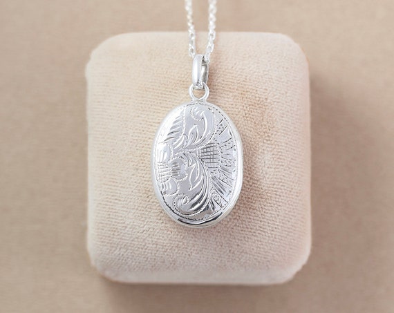 Vintage Sterling Silver Locket Necklace, Happy Flower & Sun Ray Engraved Oval Photo Pendant - Sunshine of My Life