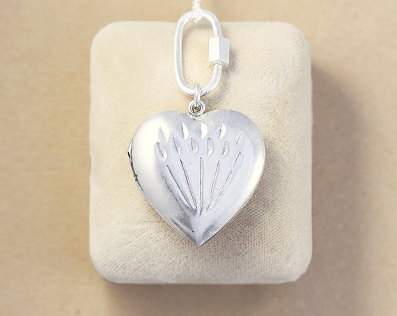 Vintage Sterling Silver Heart Locket Necklace with Carabiner Lock, Unique Design Interchangeable Pendant - Fun