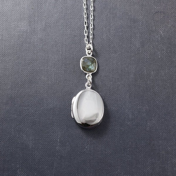 Sterling Silver Locket Necklace with Labradorite Gemstone, Small Plain Oval Photo Pendant - Blue Flash