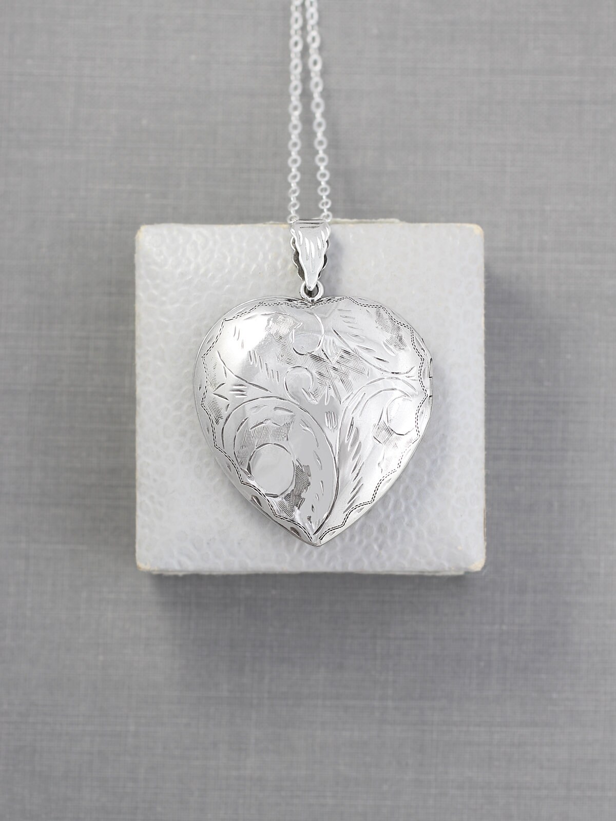 Large Sterling Silver Heart Locket Necklace, Acanthus Leaf Engraved
