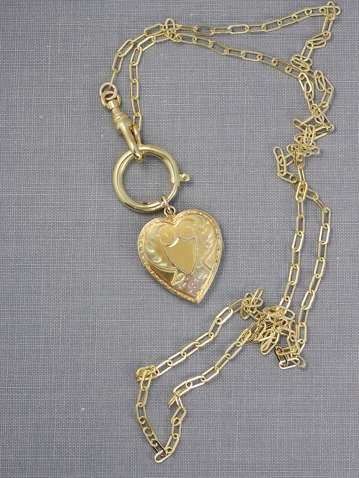 Gold Heart Locket Necklace on Special Guard Style Chain, Vintage 12K