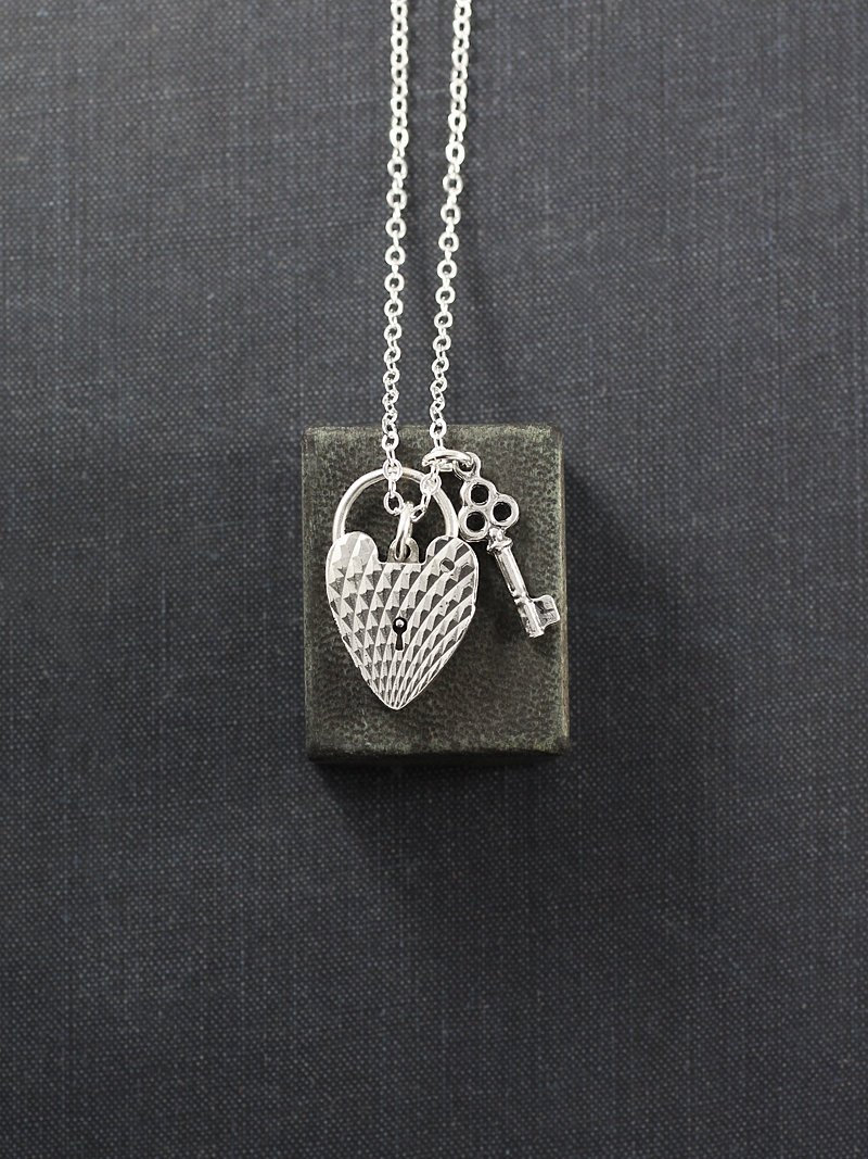 Silver Heart Padlock and Key Charm Necklace, Rare Patterned Vintage