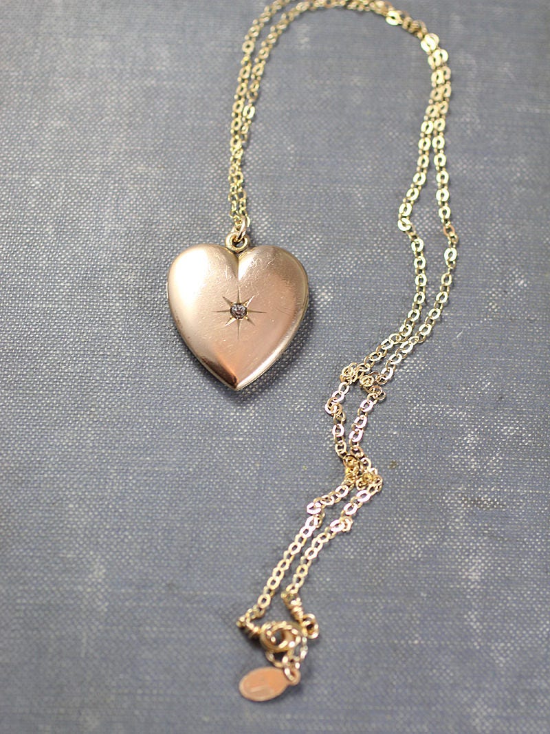 Antique Gold Heart Locket Necklace, Star Centered Diamond Photo Pendant ...