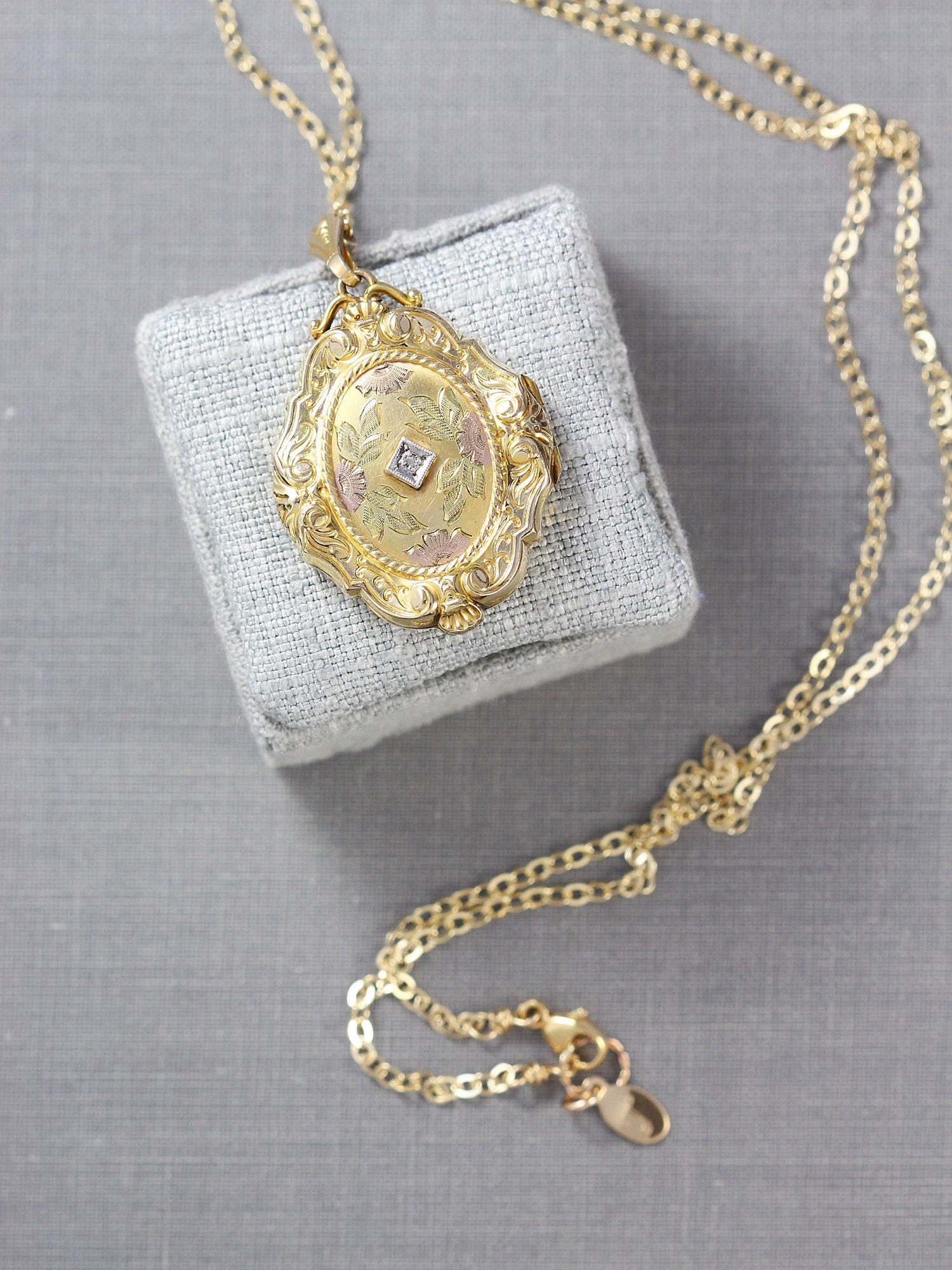Vintage Gold Filled Locket Necklace, Diamond Set Ornate Large Oval