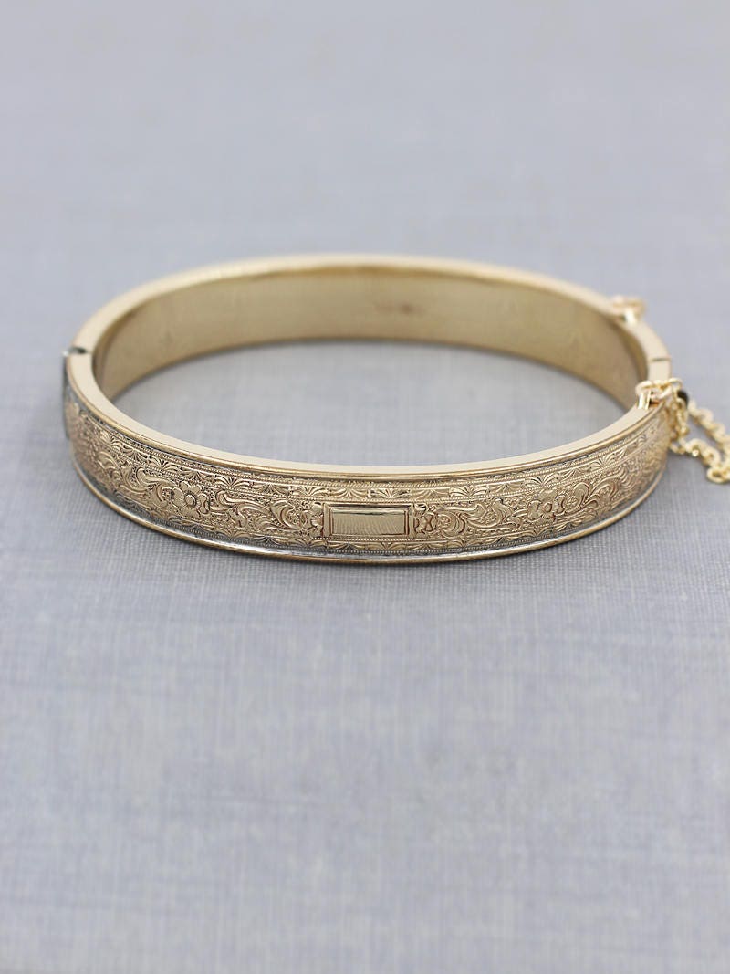 Vintage 12k Gold Filled Bangle Bracelet, Engraved Pattern Golden Ring