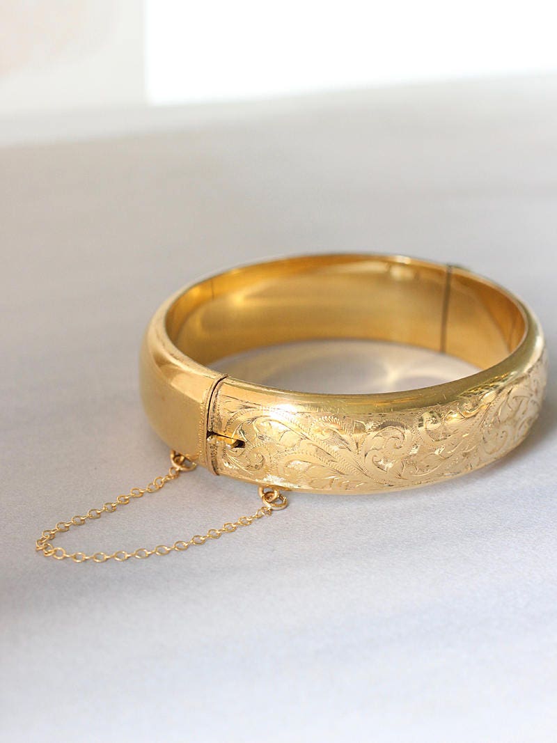 Vintage Gold Bangle Cuff Bracelet, Swirl Engraved 9ct Gold Metal Core ...