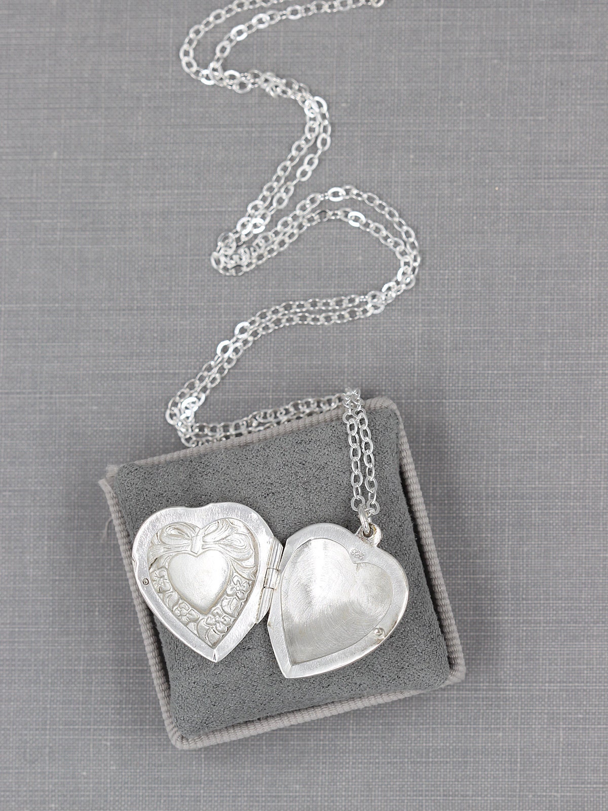 Silver Heart Locket Necklace, Vintage Sterling Repousse Photo Pendant